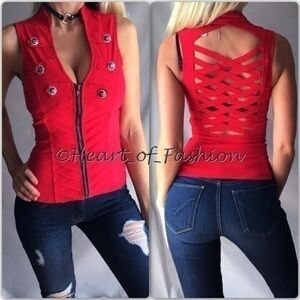 SEXY Zip Front Button Embellish Caged Strappy Back Low Cut Fitted Vest Club Top